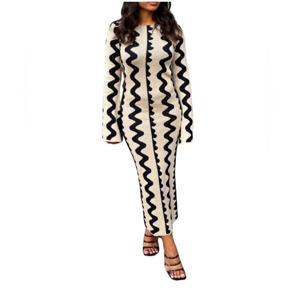 NWT Wave Pattern Knit Cutout Long Sleeve Bodycon Maxi Dress SZ-L